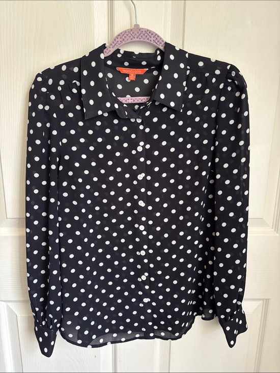 Modcloth Tops - ModCloth Navy Blue & white Polka Dot Sheer Button-Up Collar Blouse Size Medium